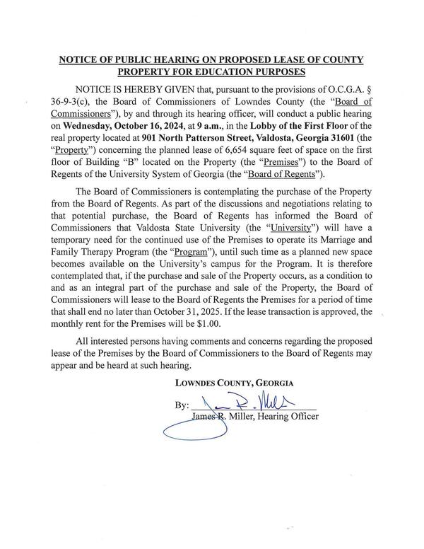 NOTICE OF PUBLIC HEARING ON PROPOSED LEASE OF COUNTY