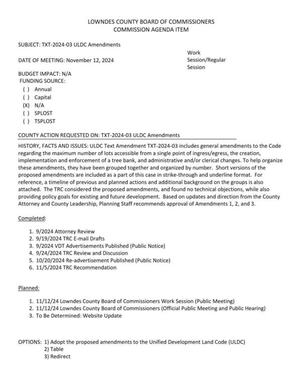 [maximum number of lots accessible from a single point of ingress/egress, the creation, implementation and enforcement of a tree bank, and administrative and/or clerical changes.]