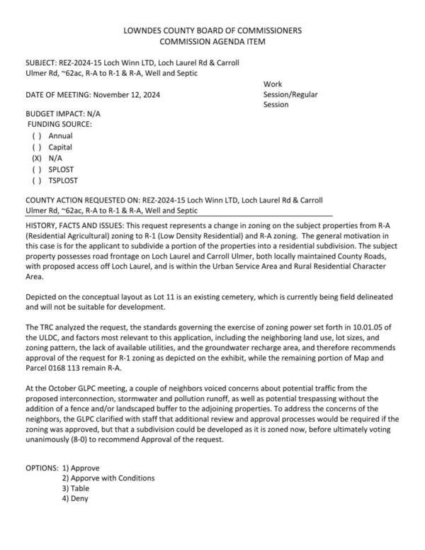 [to subdivide a portion of the properties into a residential subdivision. Road frontage on Loch Laurel and Carrol Ulmer. GLPC recommended approval 8:0.]