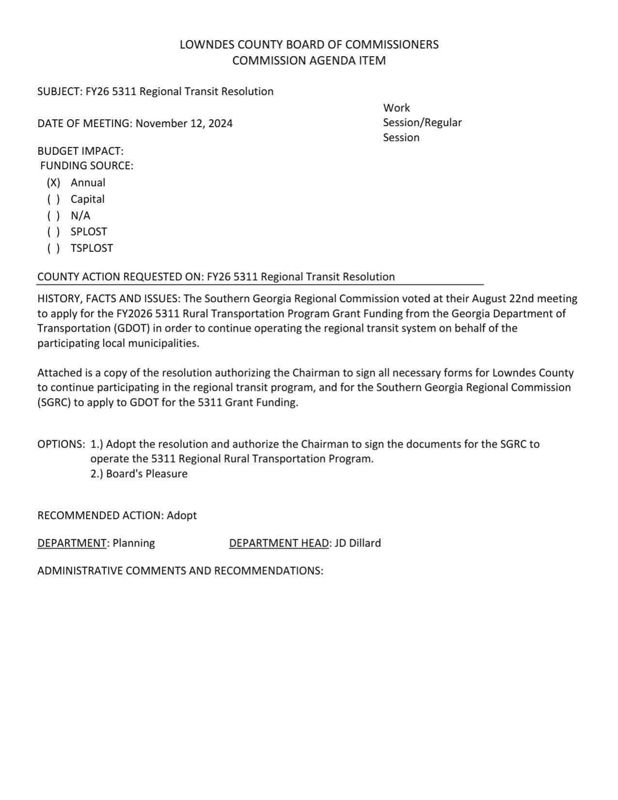 The Southern Georgia Regional Commission voted at their August 22nd meeting to apply for the FY2026 5311 Rural Transportation Program Grant Funding from the Georgia Department of Transportation (GDOT) in order to continue operating the regional transit system on behalf of the participating local municipalities.