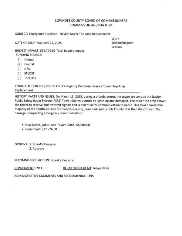 [BUDGET IMPACT: $36,776.00 Total Budget Impact FUNDING SOURCE: Capital]