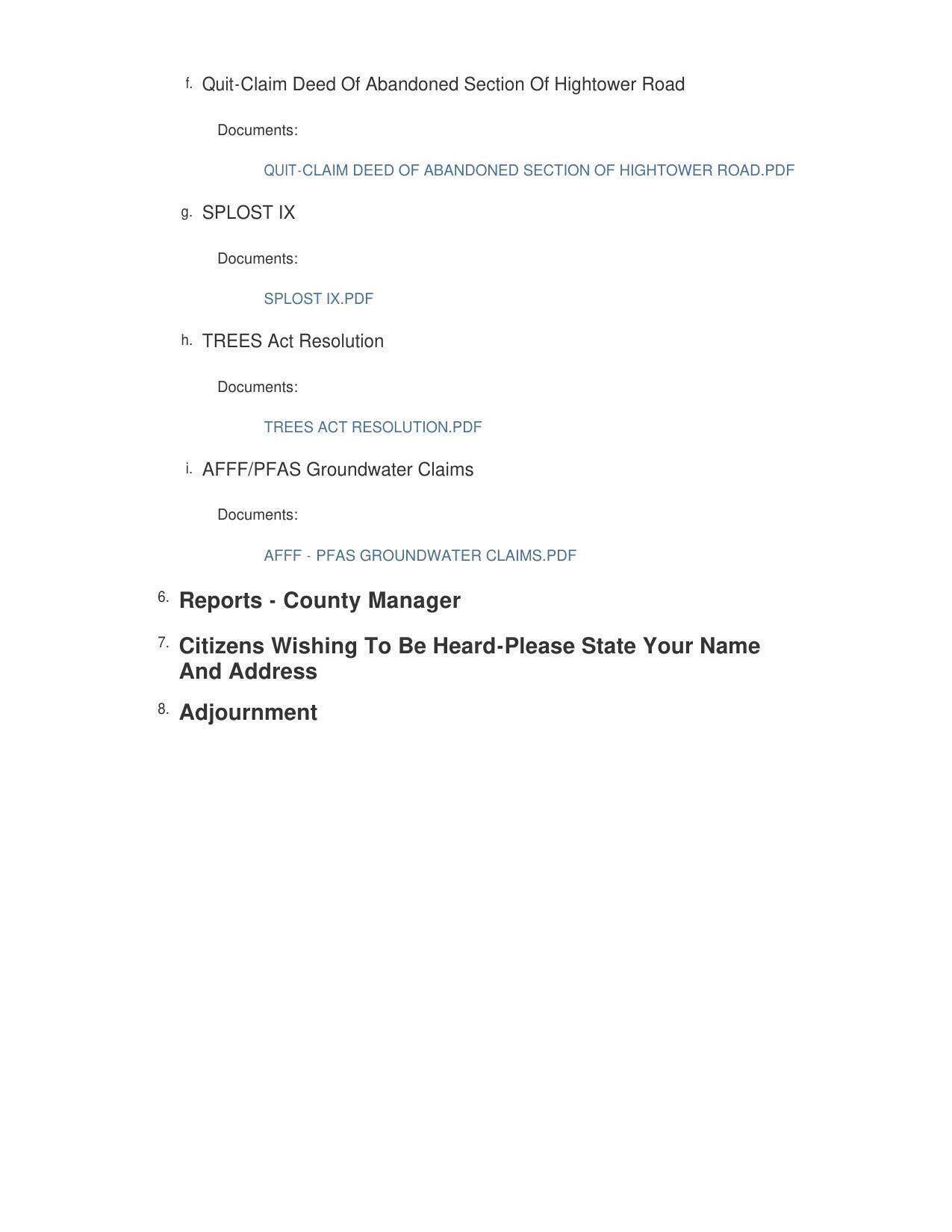 Hightower Road, SPLOST IX, TREES Act, AFFF/PFAS Groundwater Claims