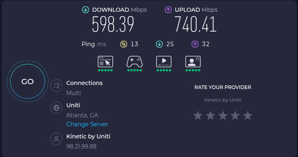 [740 Mbps up, 598 Mbps down, 2025-10-25, 08:39:18, speedtest.net, Kinetic Windstream]