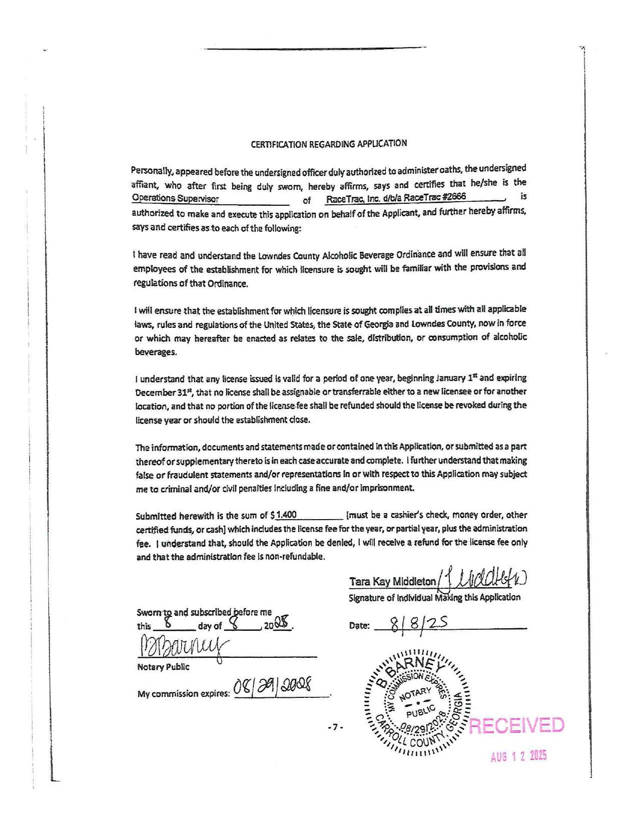 CERTIFICATION REGARDING APPLICATION