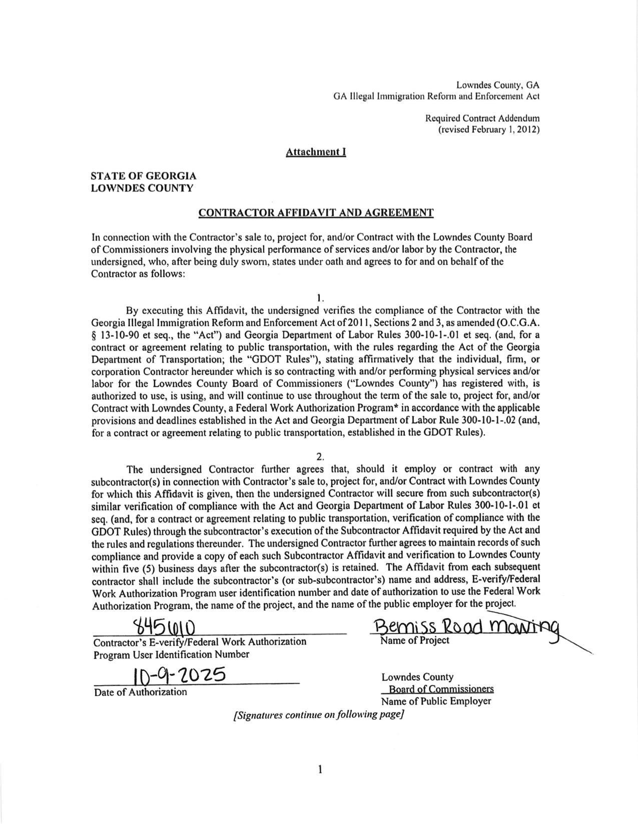 CONTRACTOR AFFIDAVIT AND AGREEMENT