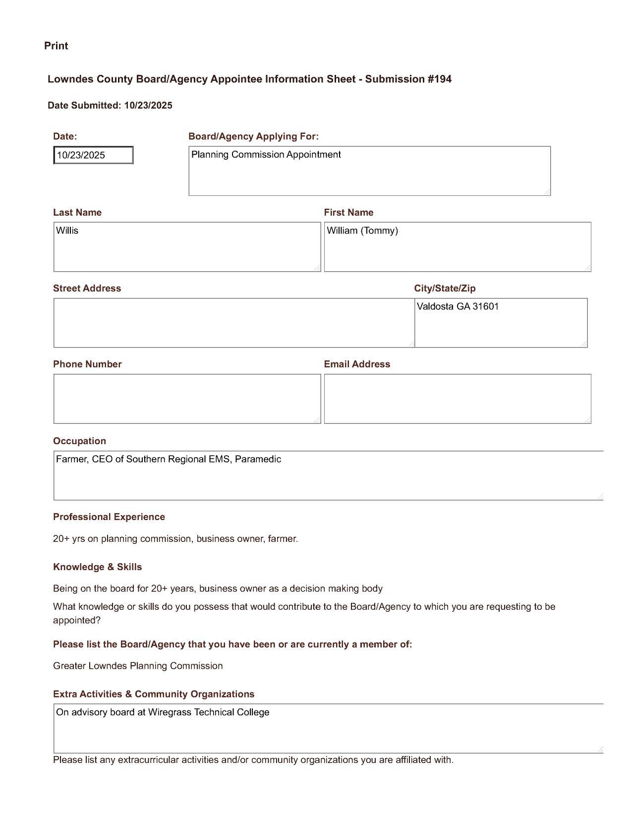 Tommy Willis Application