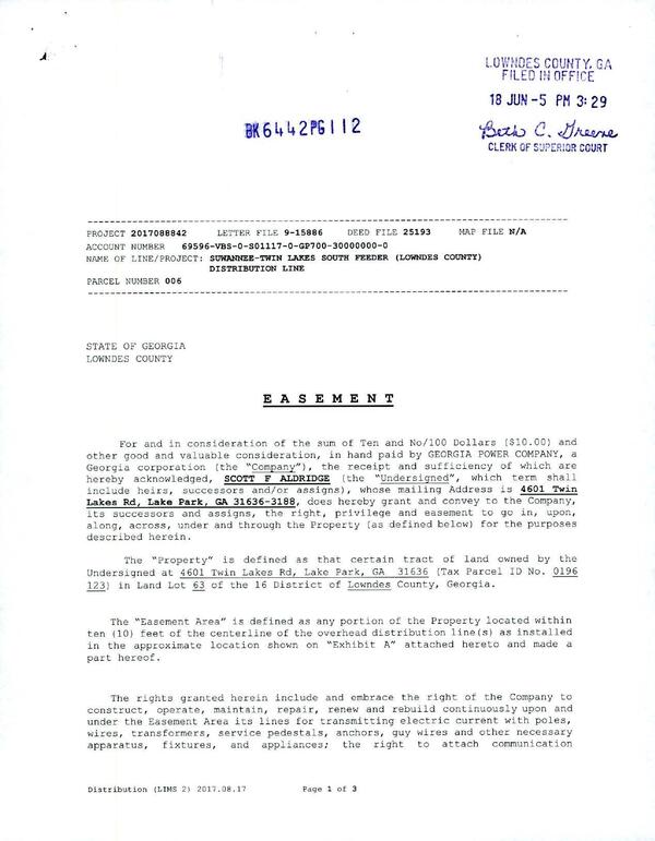 EASEMENT for power line along Twin Lakes Road through Scott F Aldridge property