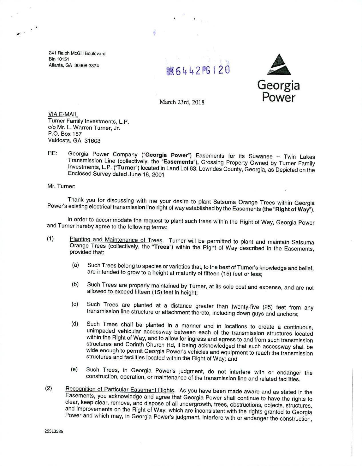 Agreement for planting Satsuma Orange Trees within Georgia Power RoW