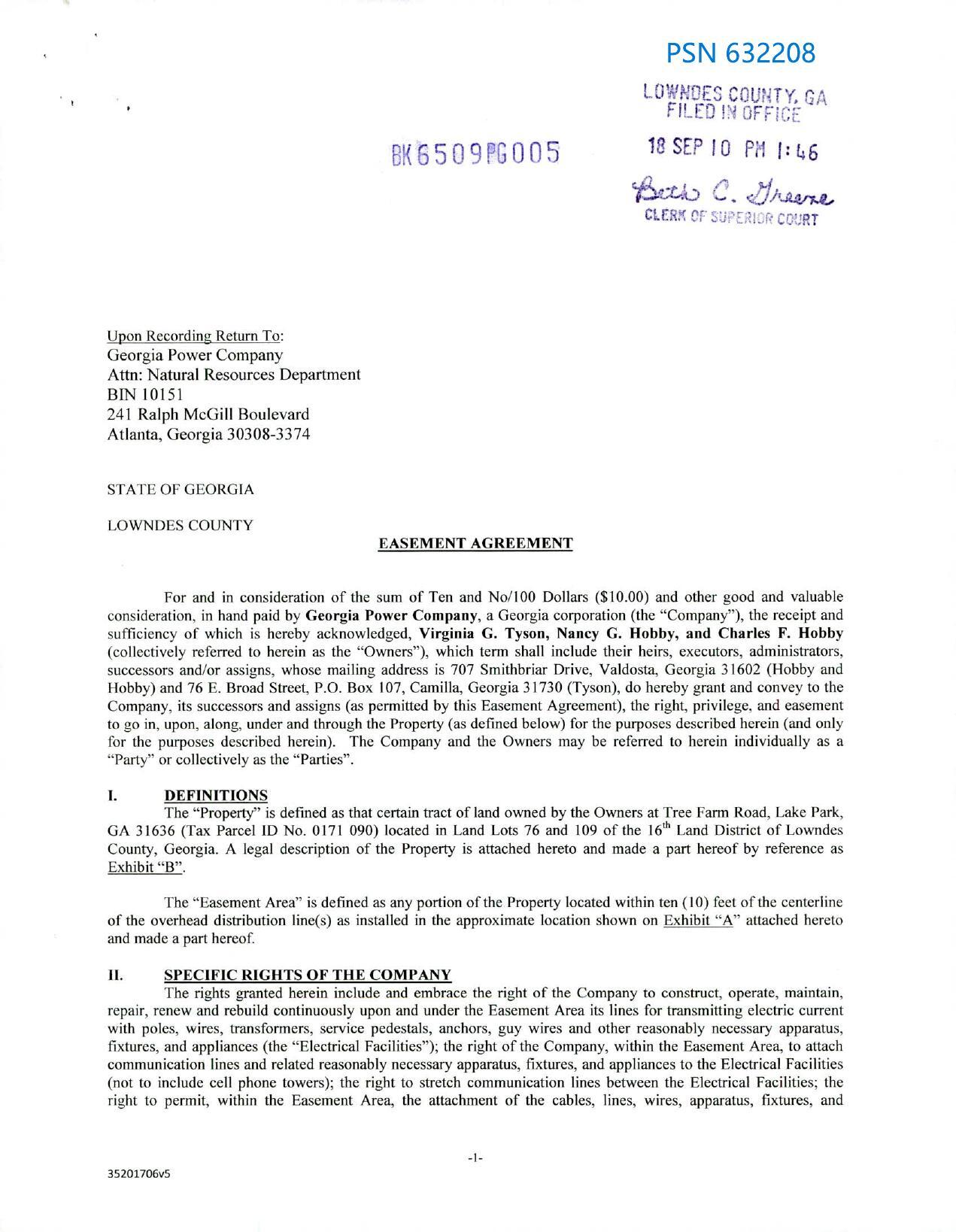 EASEMENT AGREEMENT, power line, Virginia G. Tyson, Nancy G. Hobby, Charles F. Hobby