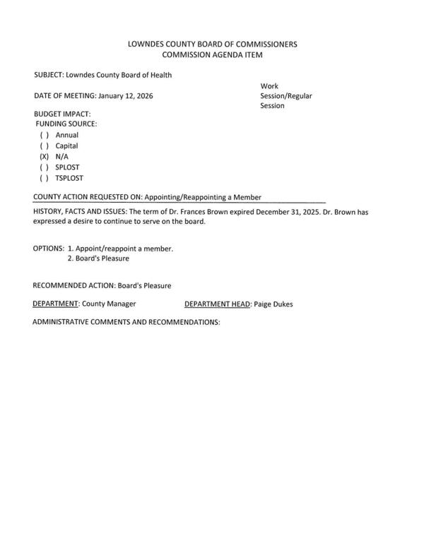 [Frances Brown wants to be reappointed.]