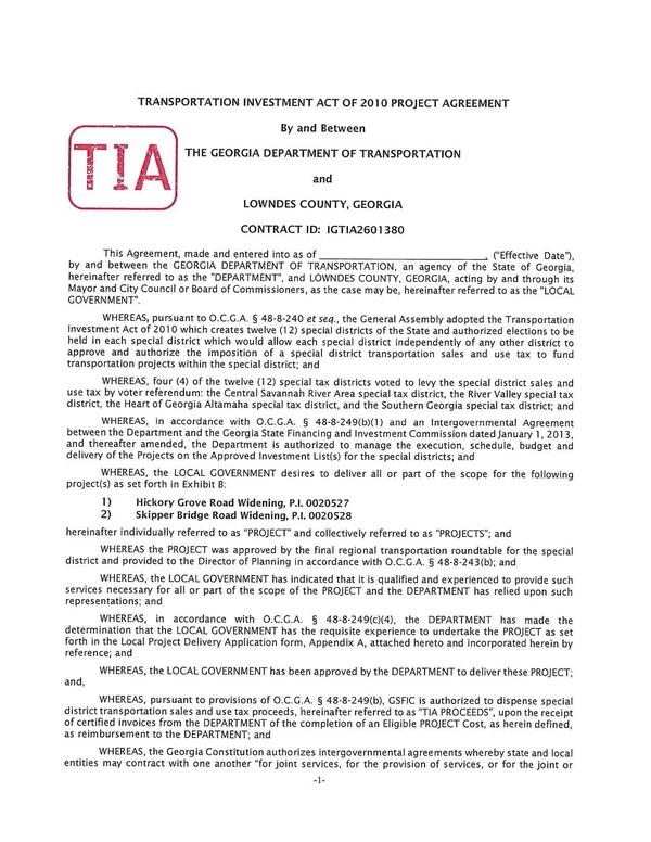 TRANSPORTATION INVESTMENT ACT OF 2010 PROJECT AGREEMENT