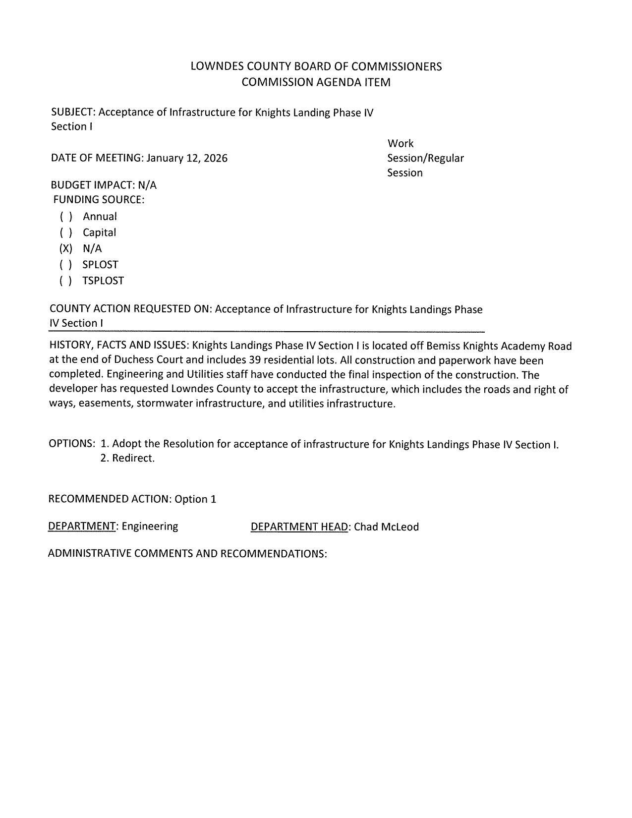 BUDGET IMPACT: N/A; Bemiss Knights Academy Road and Duchess Court, 39 lots