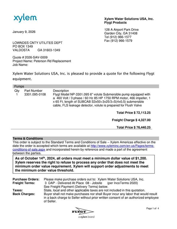 Xylem quote for a new Flygt pump