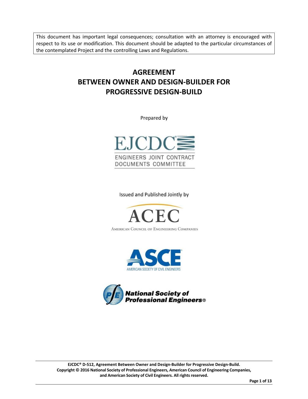 AGREEMENT BETWEEN OWNER AND DESIGN-BUILDER FOR PROGRESSIVE DESIGN-BUILD