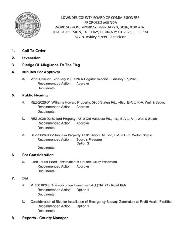 [Rezonings, Unused Utility Easement, TIA Orr Road Bids, Backup Generators at Pruitt Health Facilities]