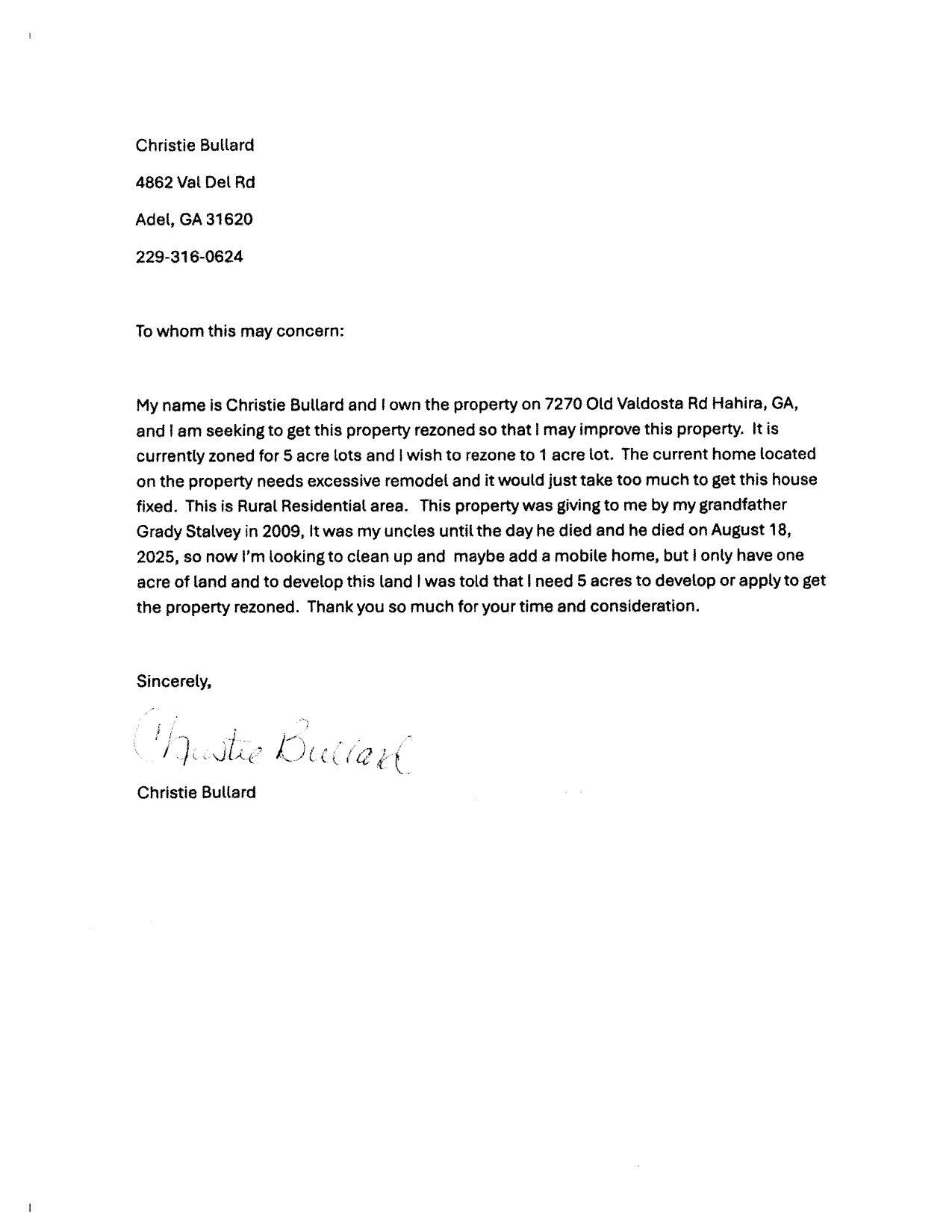 Rezoning request from Christie Bullard