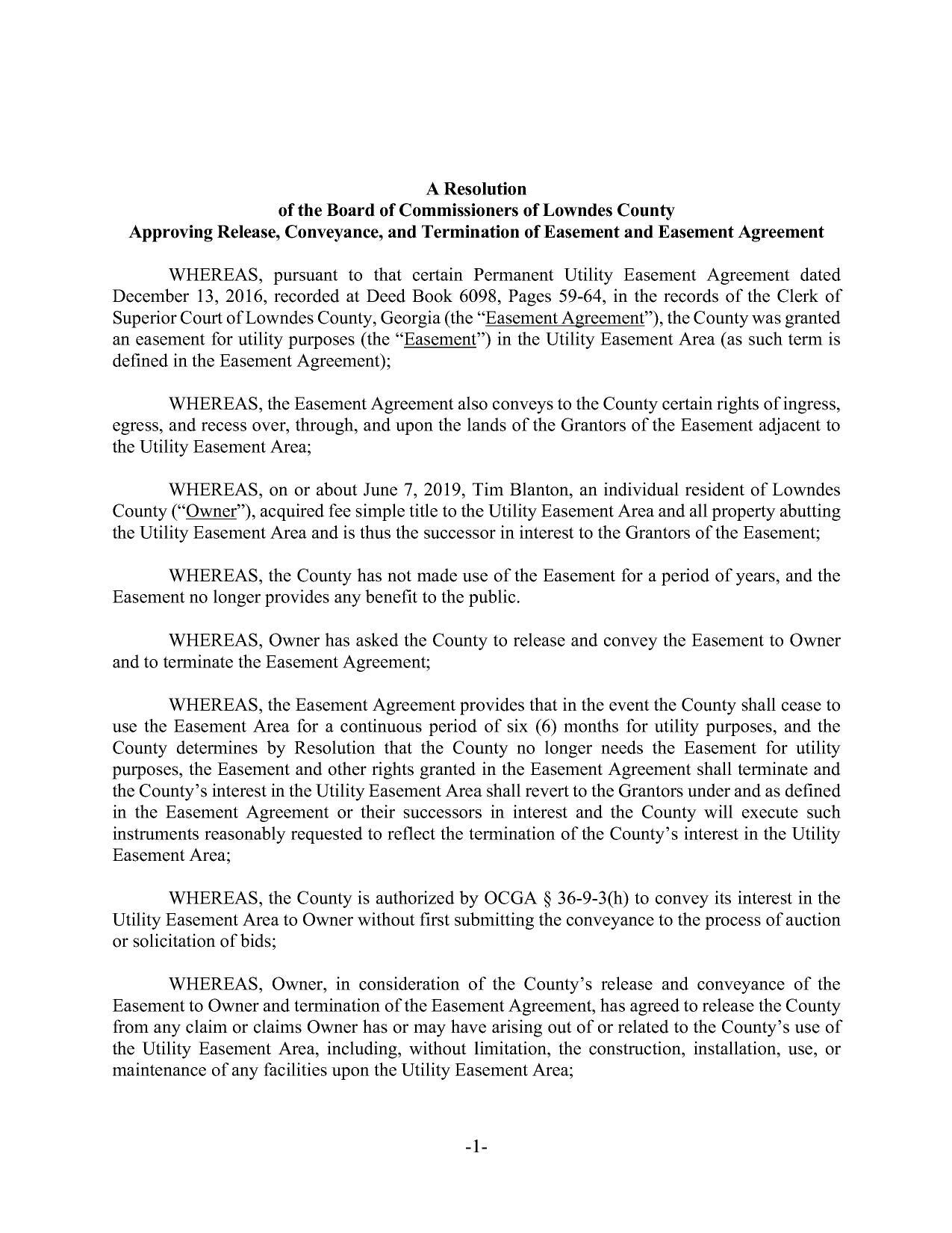A Resolution... Approving Release, Conveyance, and Termination of Easement and Easement Agreement