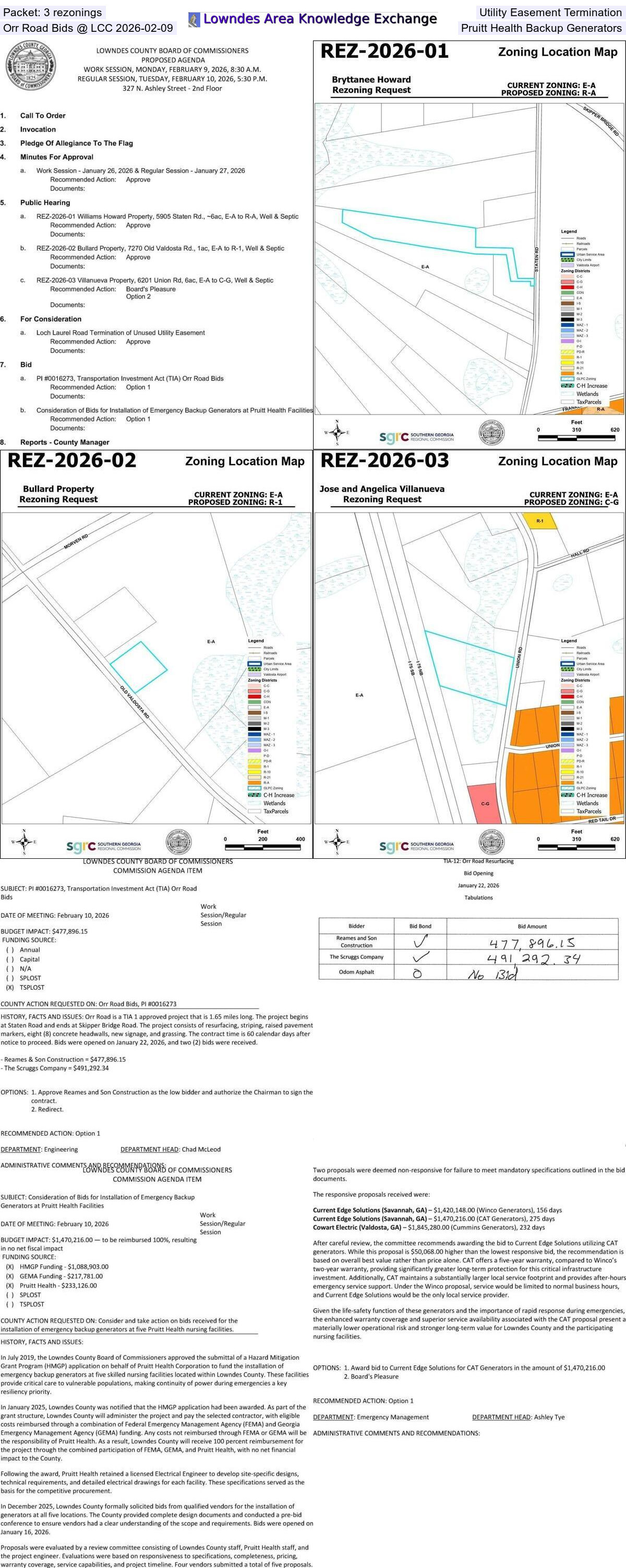 Packet: 3 rezonings, Utility Easement Termination, Orr Road Bids, Pruitt Health Backup Generators, @ LCC 2026-02-09