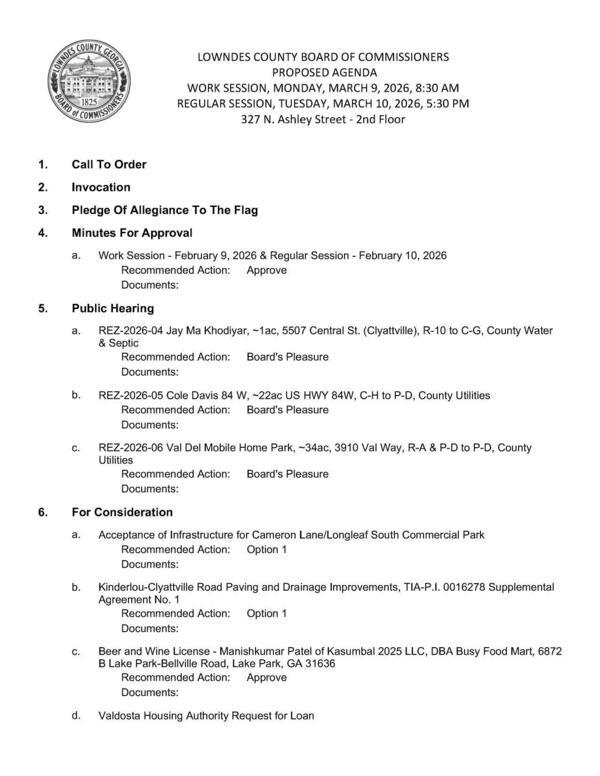 [Rezonings, subdivision, paving, alcohol, loan]