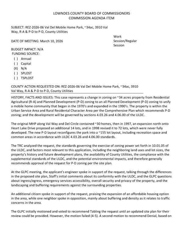 [to unify a mobile home community that began in the 1970’s and expanded in the 1990’s. The property is within the Urban Service Area and Rural Residental Character Area per the Comprehensive Plan which recommends P-D zoning; and the development will be governed by sections 4.03.26 and 4.06.00 of the ULDC.]
