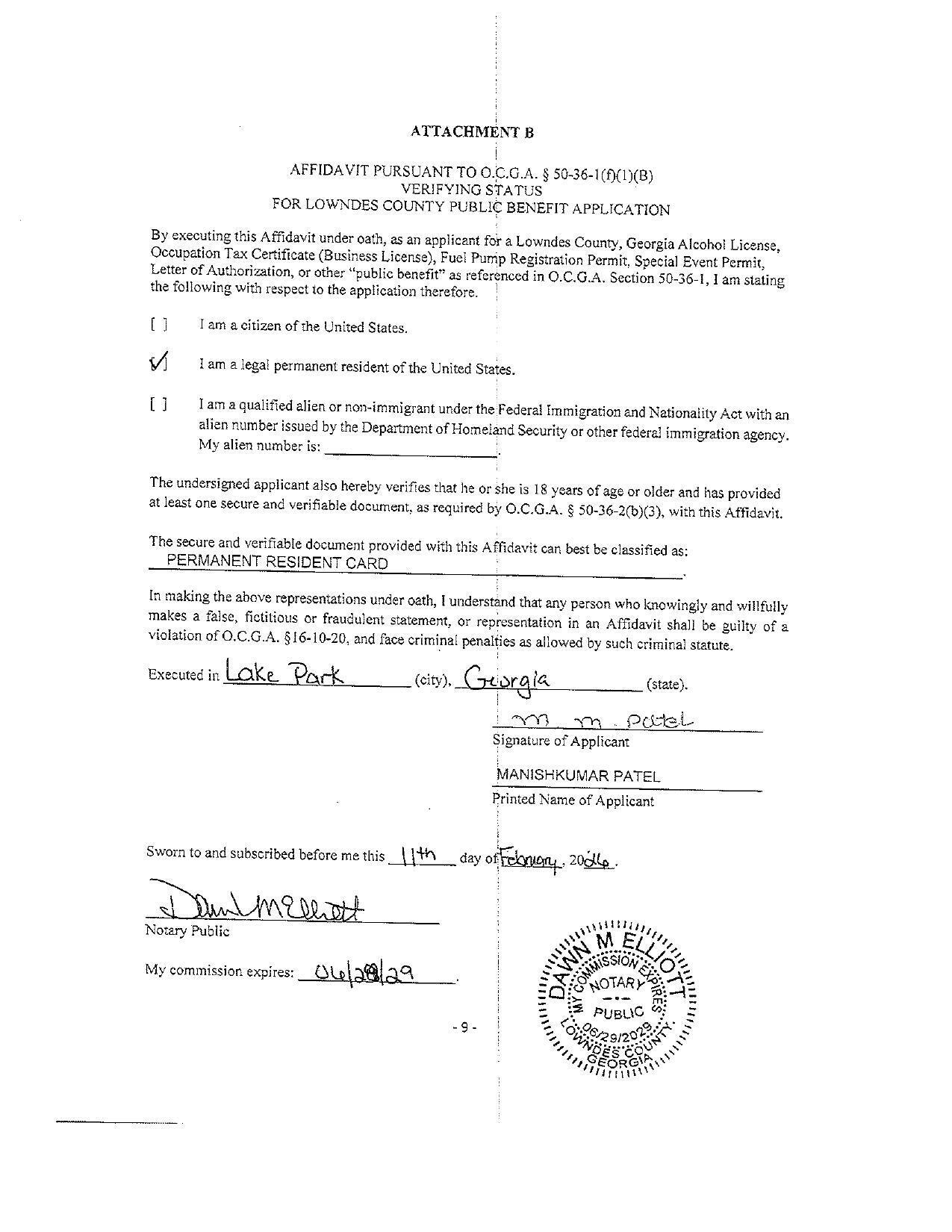 AFFIDAVIT PURSUANT TO 0.C.G.A. § 50-36-1(A(1)(8)