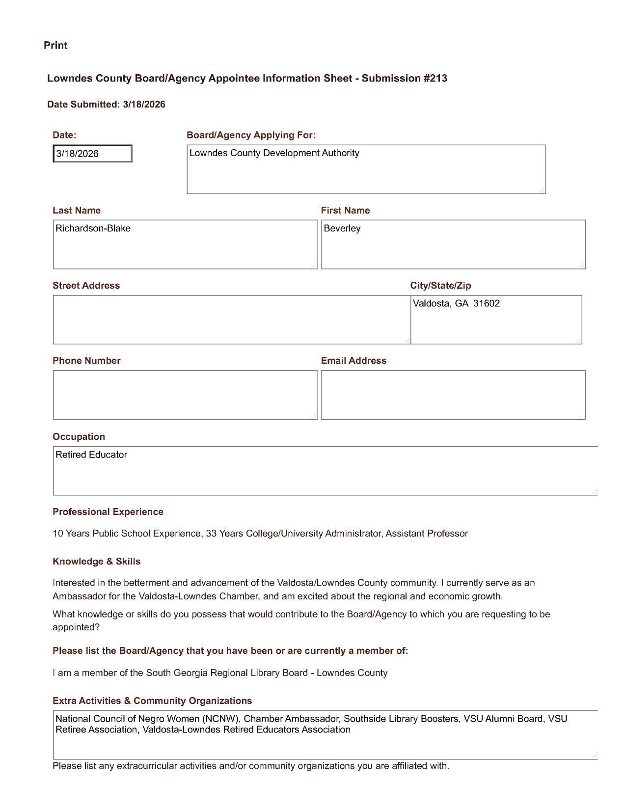 Application of Beverley Richardson-Blake