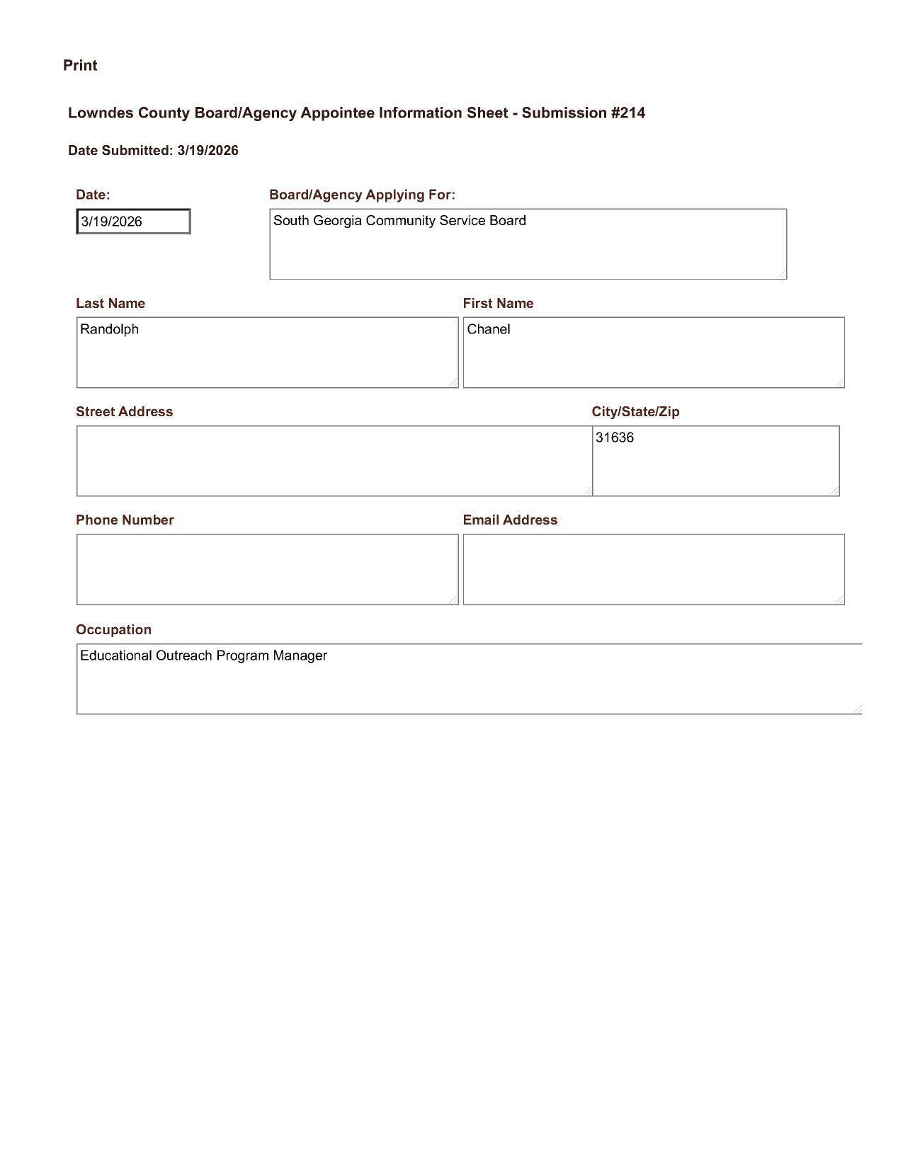 Application of Chanel Randolph