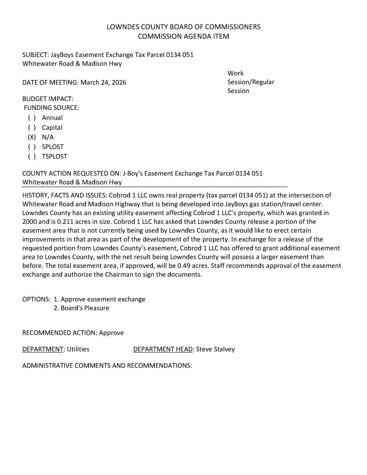 Cobrod 1 LLC has asked that Lowndes County release a portion of the easement area that is not currently being used by Lowndes County, as it would like to erect certain improvements in that area as part of the development of the property. In exchange for a release of the requested portion from Lowndes County’s easement, Cobrod 1 LLC has offered to grant additional easement area to Lowndes County, with the net result being Lowndes County will possess a larger easement than before. The total easement area, if approved, will be 0.49 acres.