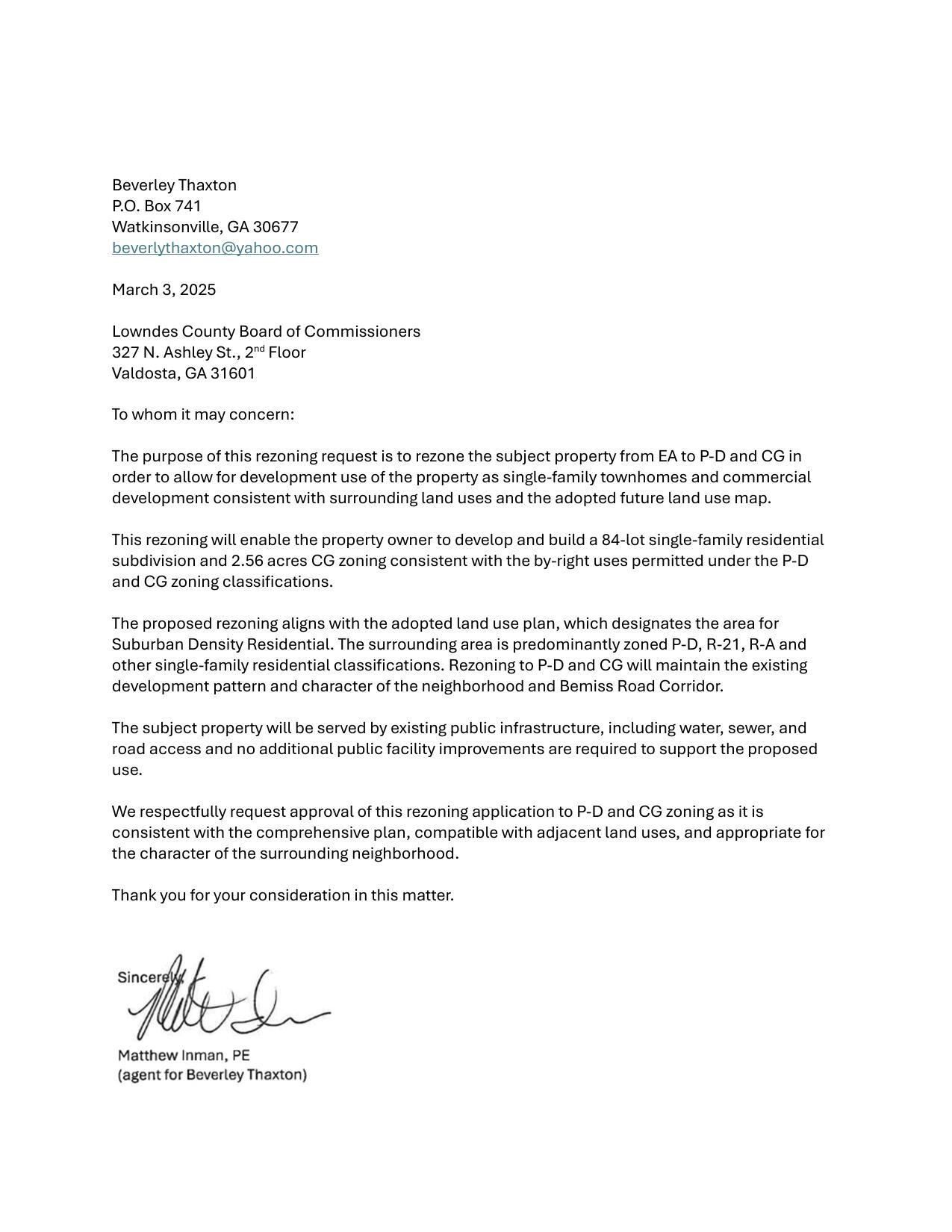 Rezoning request from Matthew Inman for Beverley Thaxton.