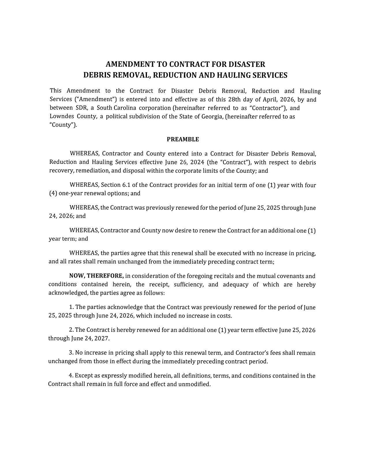 DRC AMENDMENT TO CONTRACT FOR DISASTER DEBRIS REMOVAL, REDUCTION AND HAULING SERVICES