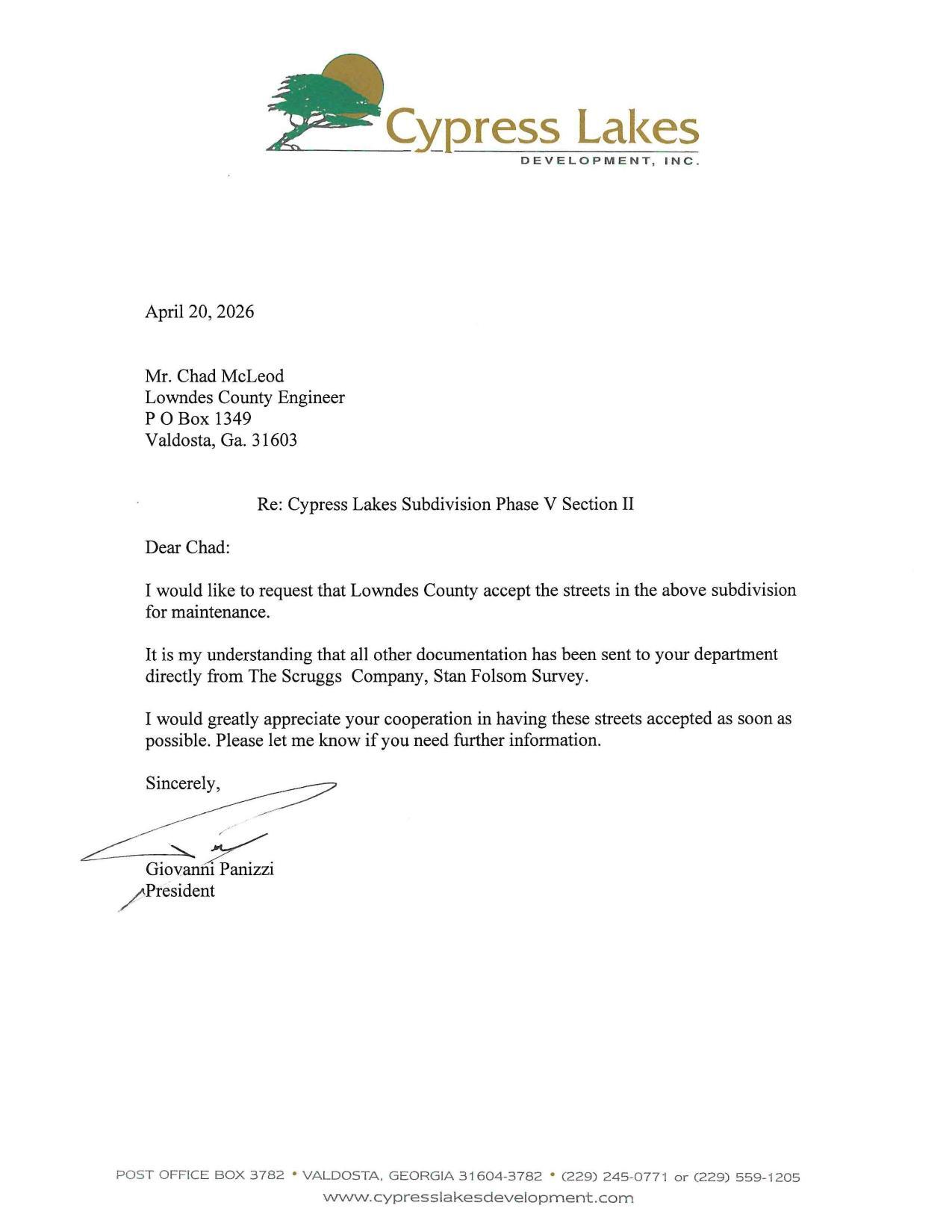 Request from Giovanni Panizzi, President