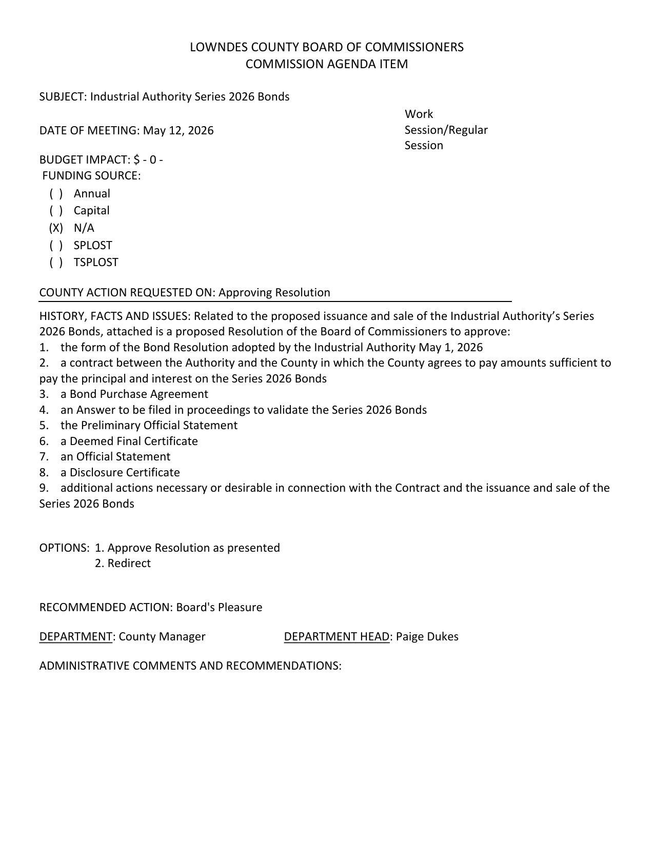 attached is a proposed Resolution of the Board of Commissioners to approve: