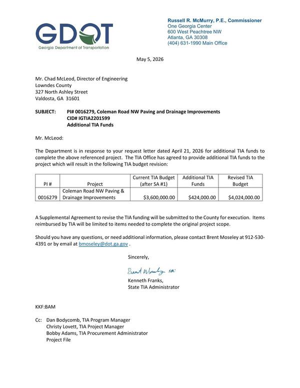 The Department is in response to your request letter dated April 21, 2026 for additional TIA funds to