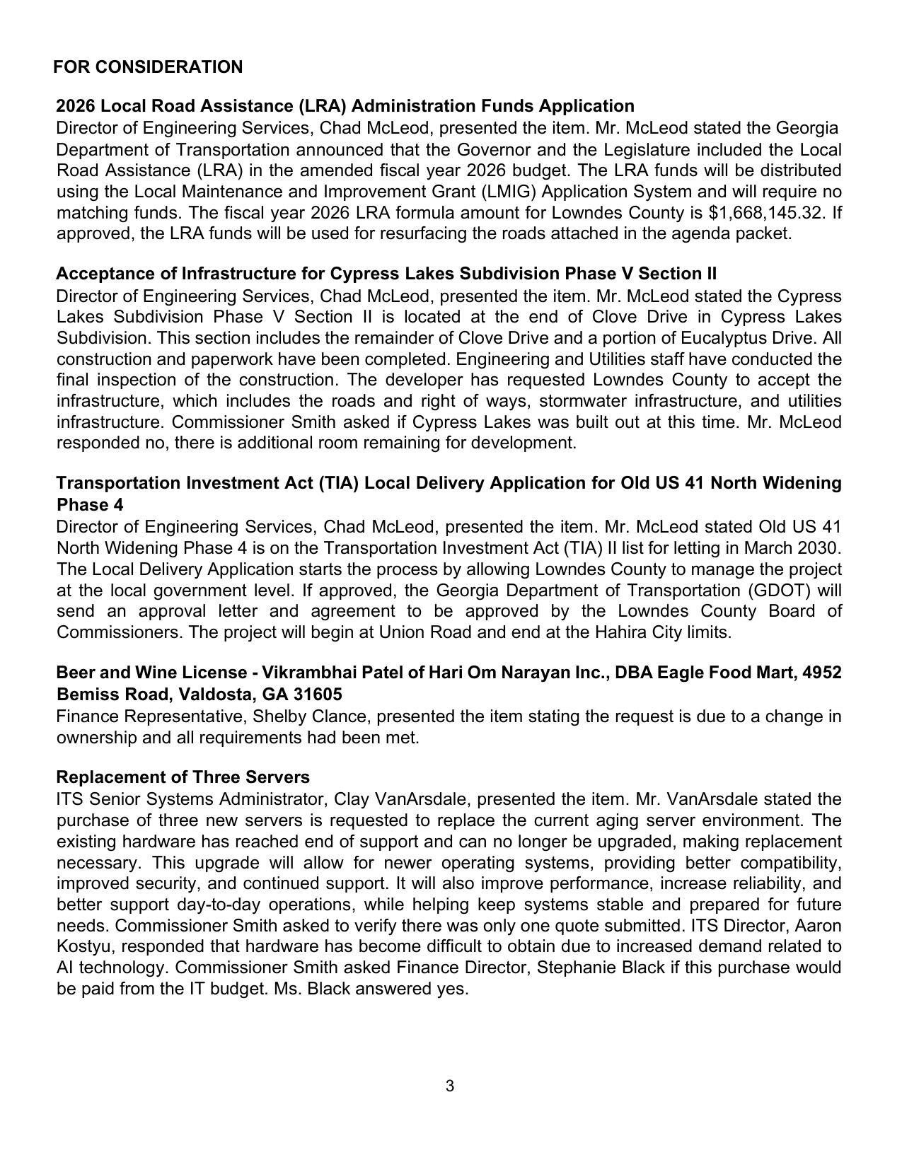 Acceptance of Infrastructure for Cypress Lakes Subdivision Phase V Section Il
