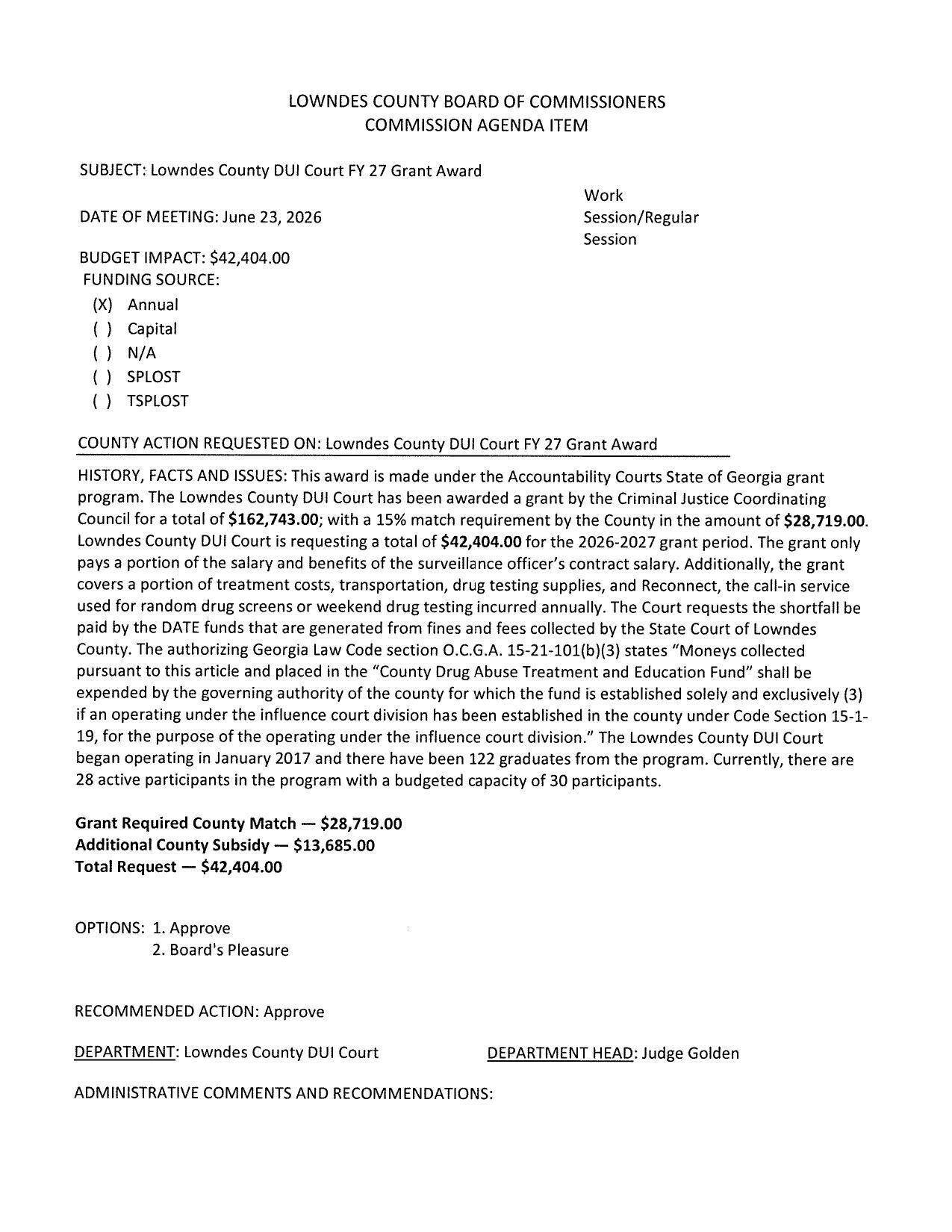 BUDGET IMPACT: $42,404.00 (X) Annual