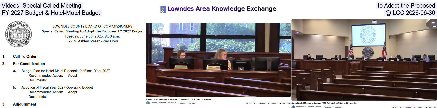 Videos: Special Called Meeting to Adopt the Proposed FY 2027 Budget & Hotel-Motel Budget @ LCC 2026-06-30
