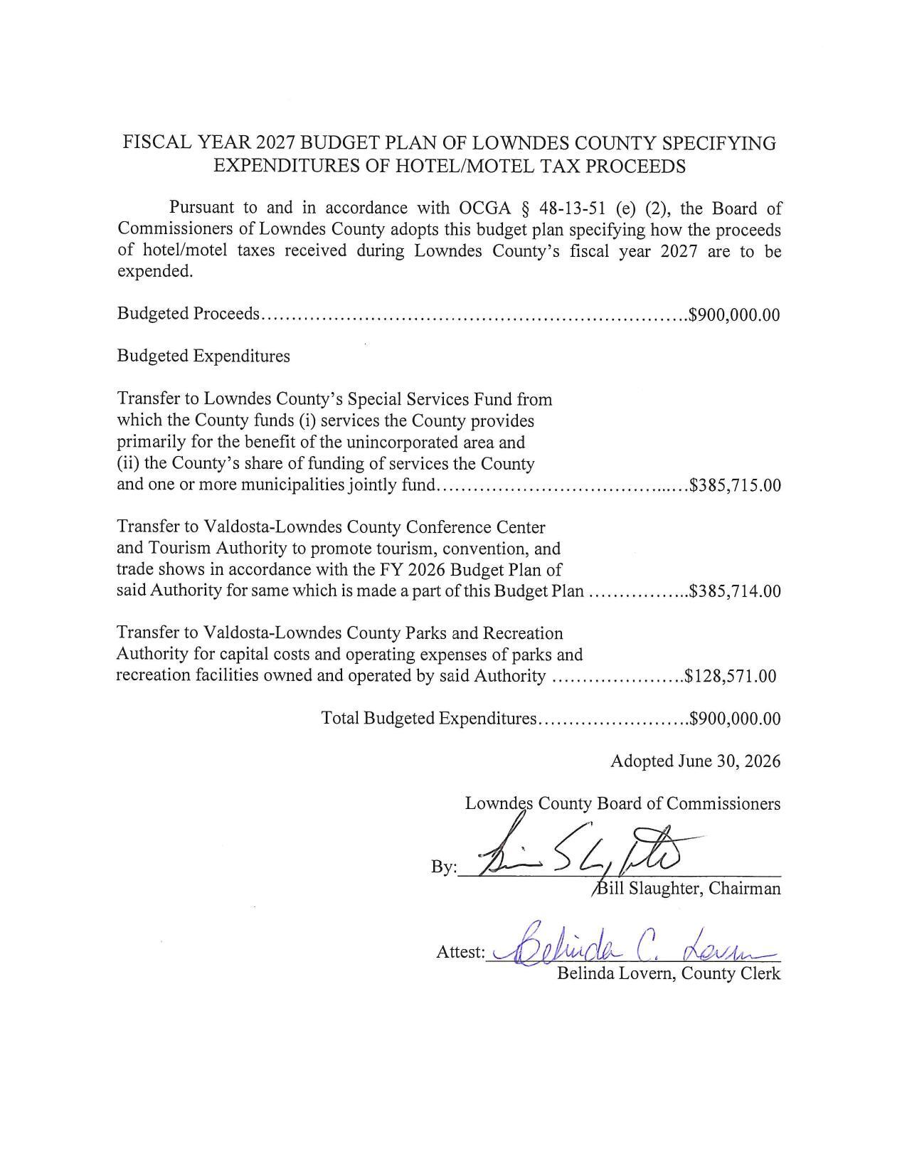 FISCAL YEAR 2027 BUDGET PLAN OF LOWNDES COUNTY SPECIFYING EXPENDITURES OF HOTEL/MOTEL TAX PROCEEDS