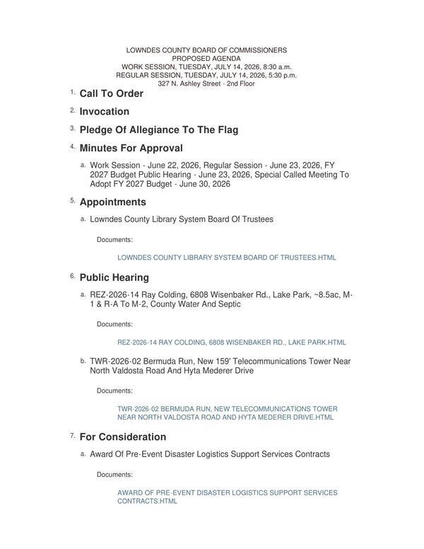 [Library Board, Wisenbaker Road rezoning, communications tower in Langdale Park, Pre-Disaster Logistics]