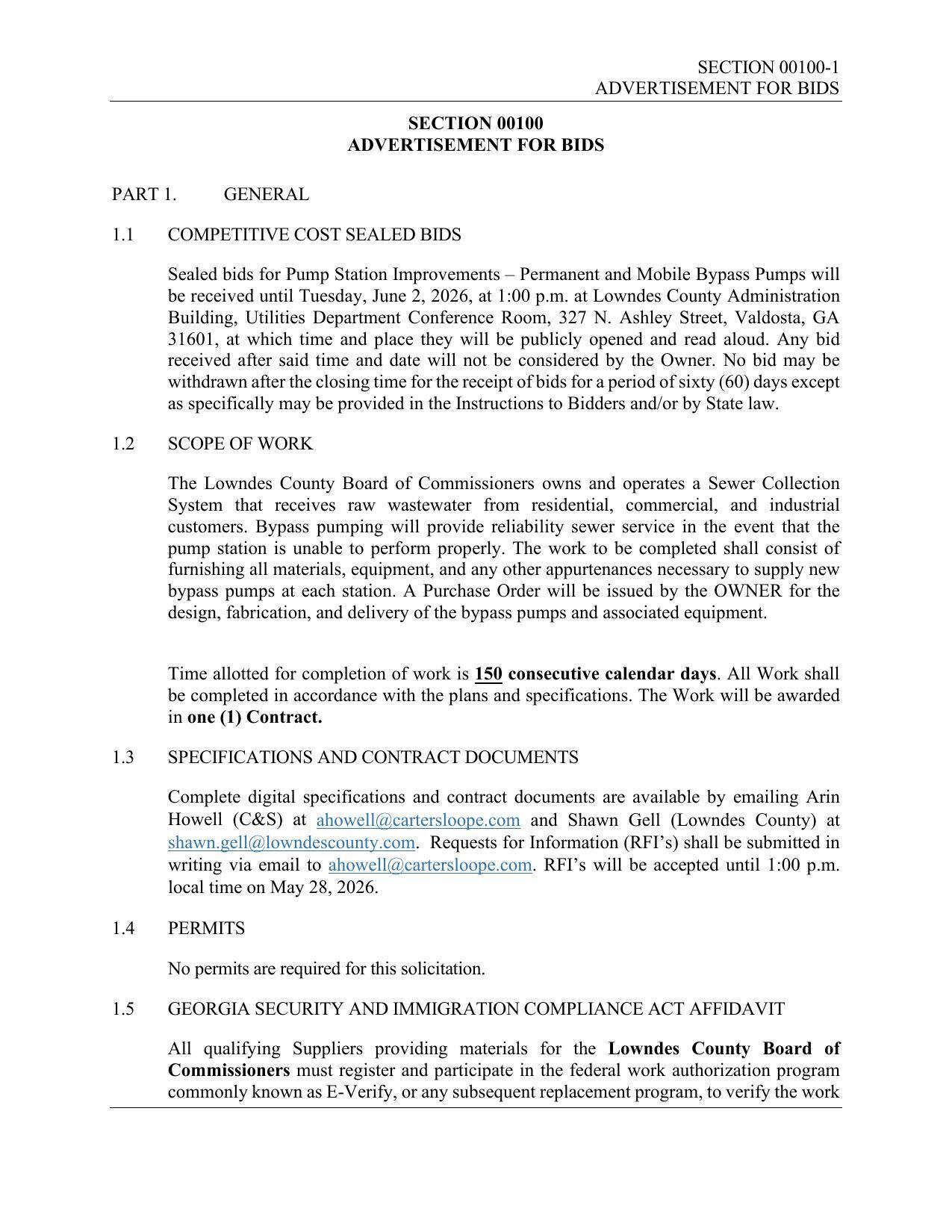 Advertisement for Bids for Pump Station Improvements – Permanent and Mobile Bypass Pumps