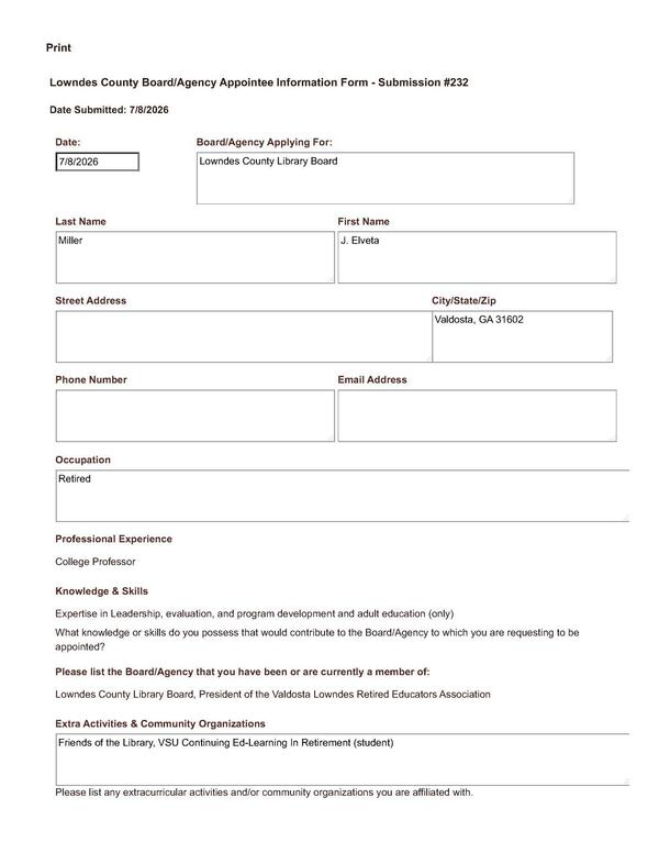 Application of J. Elveta Miller