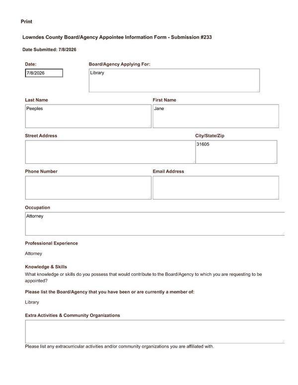 Application of Jane Peeples
