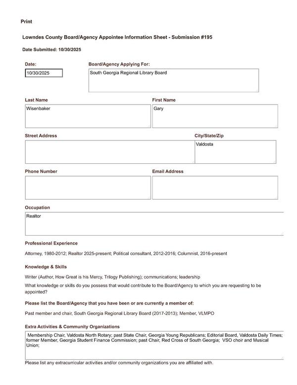 Application of Gary Wisenbaker