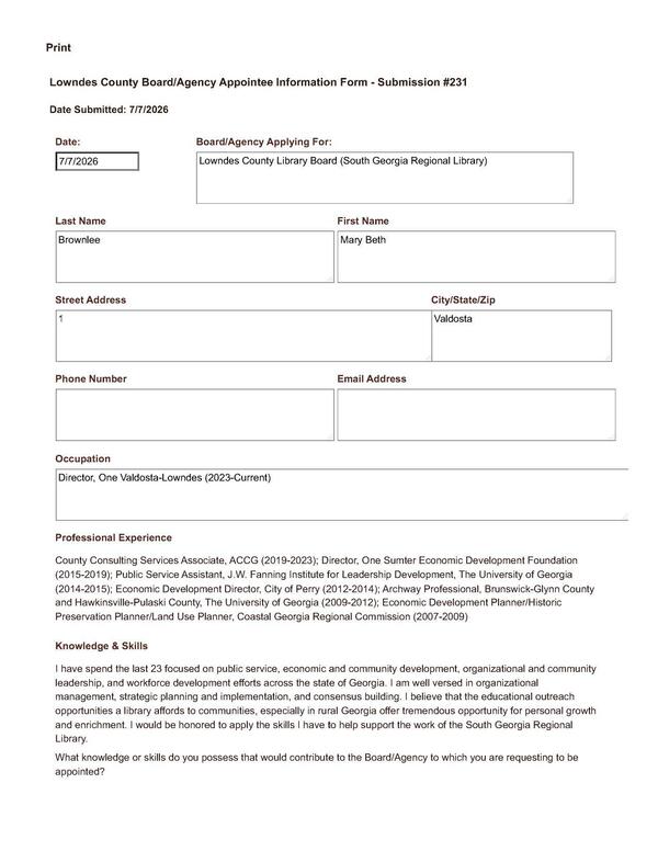 Application of Mary Beth Brownlee