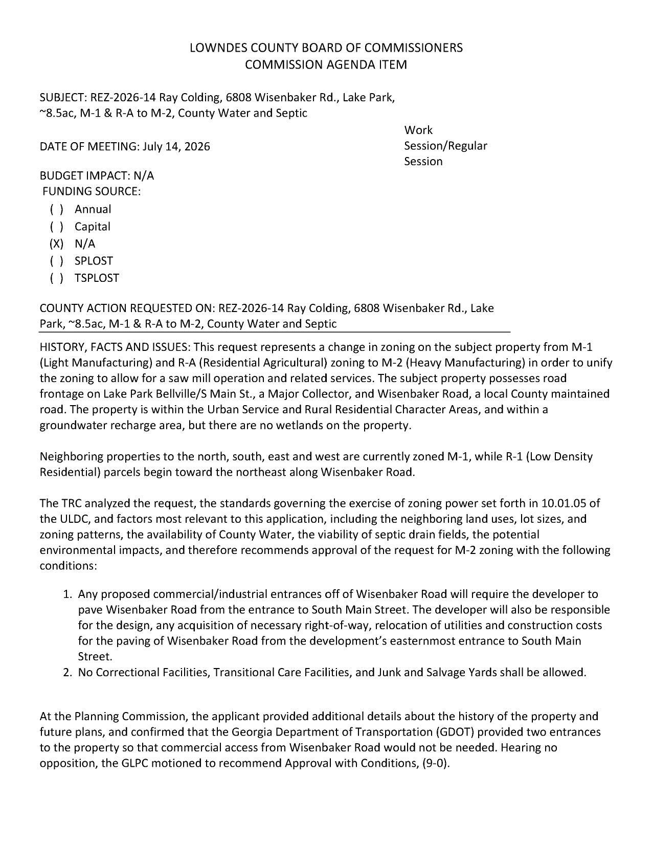 to unify the zoning to allow for a saw mill operation and related services.