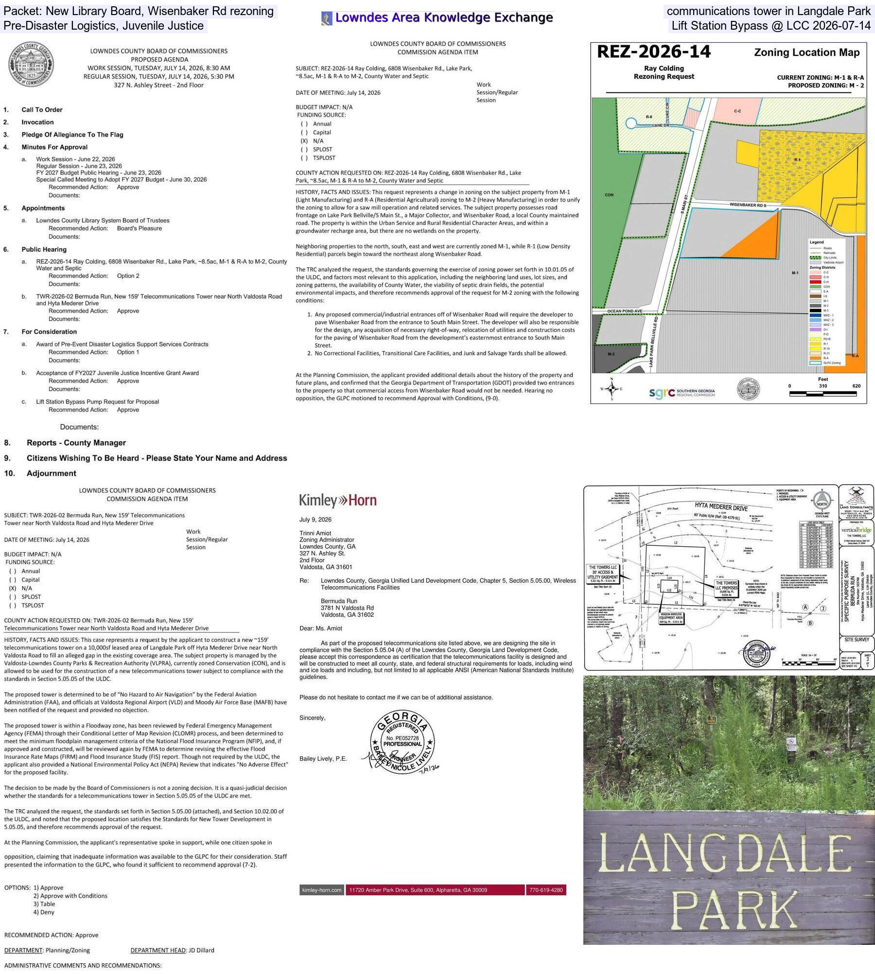 Packet: New Library Board, Wisenbaker Rd rezoning, communications tower in Langdale Park, Pre-Disaster Logistics, Juvenile Justice, Lift Station Bypass @ LCC 2026-07-14