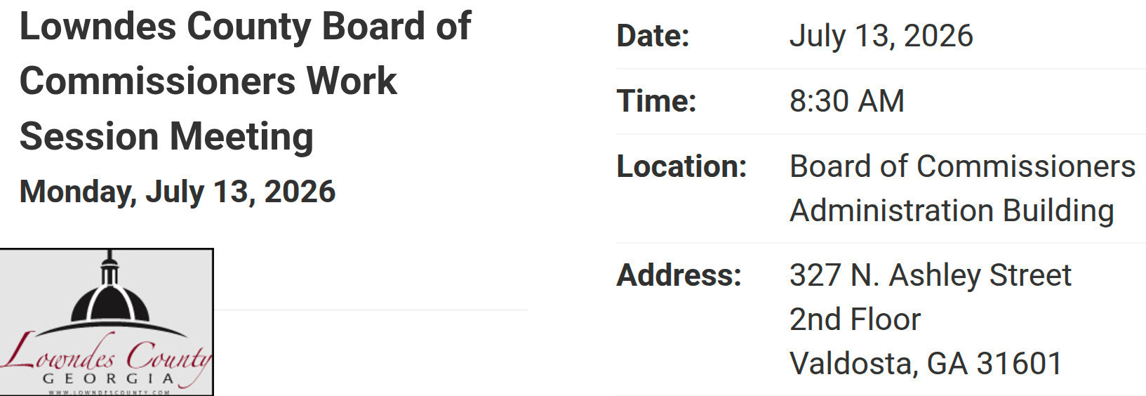 Monday Work Session 2026-07-13 --Lowndes County