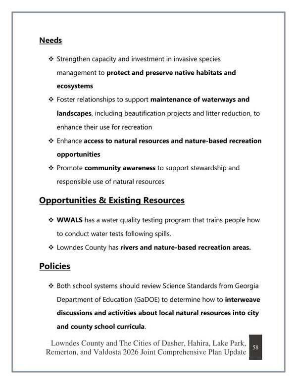 Needs, Opportunities & Existing Resources, Policies