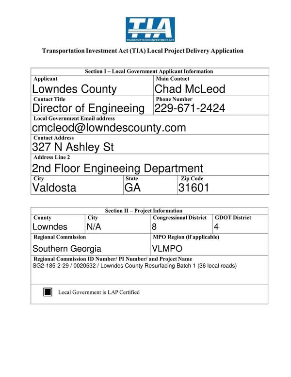 Transportation Investment Act (TIA) Local Project Delivery Application