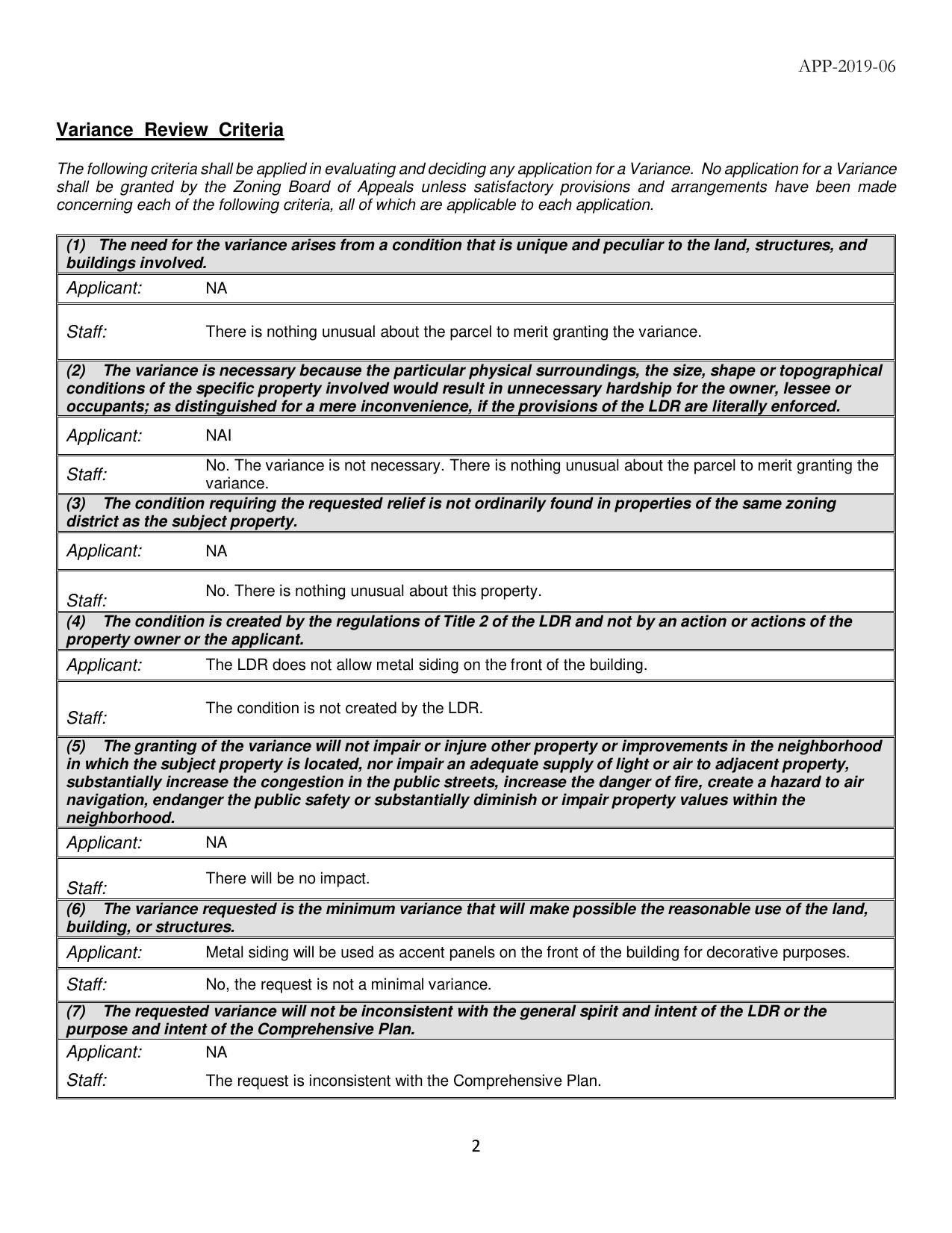 Variance Review Criteria