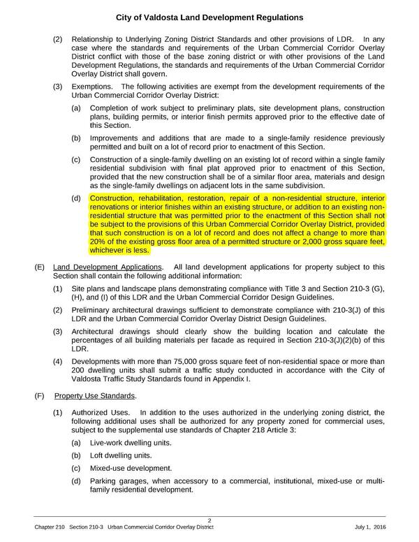 210-3(D)(3)(d) Construction, rehabilitation, restoration, repair of a non-residential structure, interior renovations or interior finishes within an existing structure, or addition to an existing non- residential structure that was permitted prior to the enactment of this Section shall not be subject to the provisions of this Urban Commercial Corridor Overlay District, provided that such construction is on a lot of record and does not affect a change to more than 20% of the existing gross floor area of a permitted structure or 2,000 gross square feet, whichever is less.